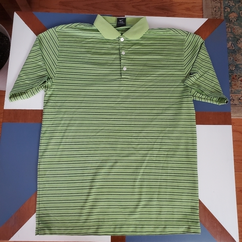 Nike Golf Polo Shirt Mens Large FitDry Lime green Blue Stripes Outdoor - Picture 9 of 10